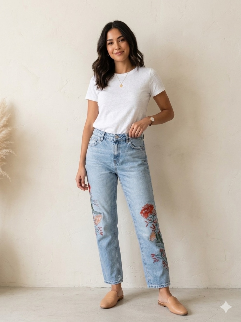 Zara Light Blue Straight Leg Jeans with Floral Embroidery